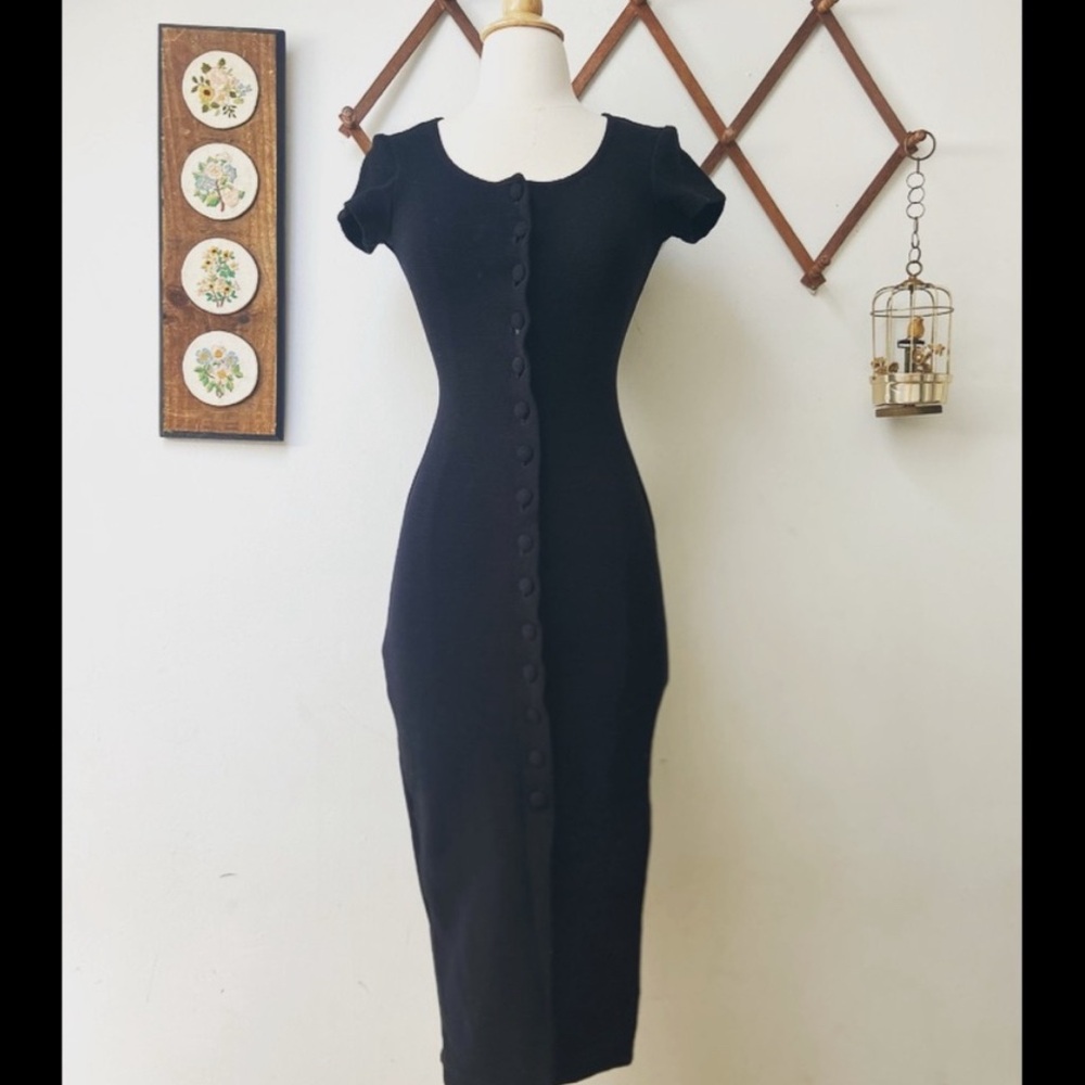 90s Black Ribbed Fitted Button Down Dress